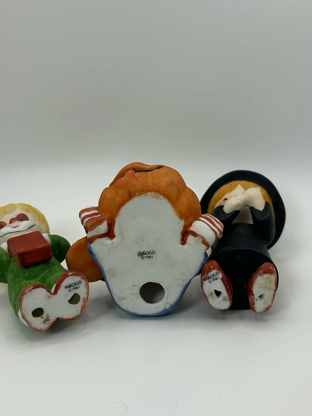 Enesco Halloween Ceramic Figurine Trio in Orange, Black, Green